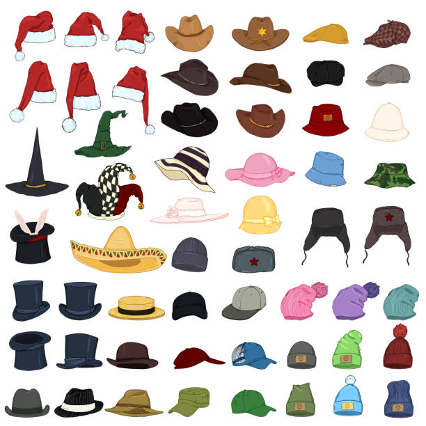 illustrations, cliparts, dessins animés et icônes de grand ensemble de vecteur de cartoon chapeaux et casquettes. 57 articles de chapellerie. - cowboy hat illustrations