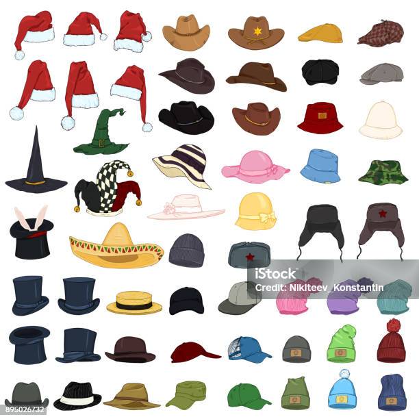 Vector Big Set Of Cartoon Hats And Caps 57 Headwear Items Stock Illustration - Download Image Now