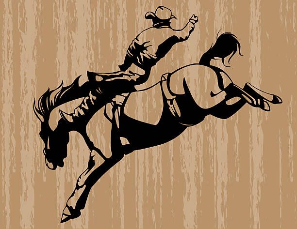 illustrazioni stock, clip art, cartoni animati e icone di tendenza di cowboy equitazione un monta di cavallo selvaggio - cowboy rodeo wild west bucking bronco