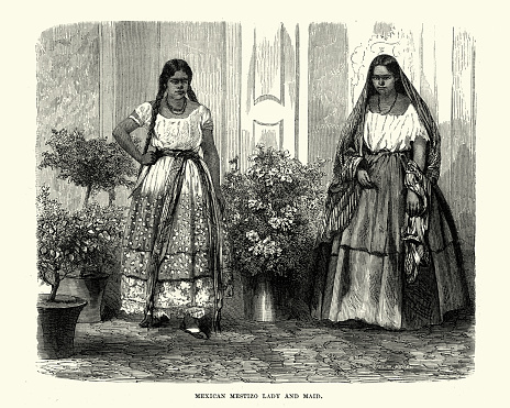 Vintage engraving of a Mexican Mestizo Lady and Maid, 19th Century