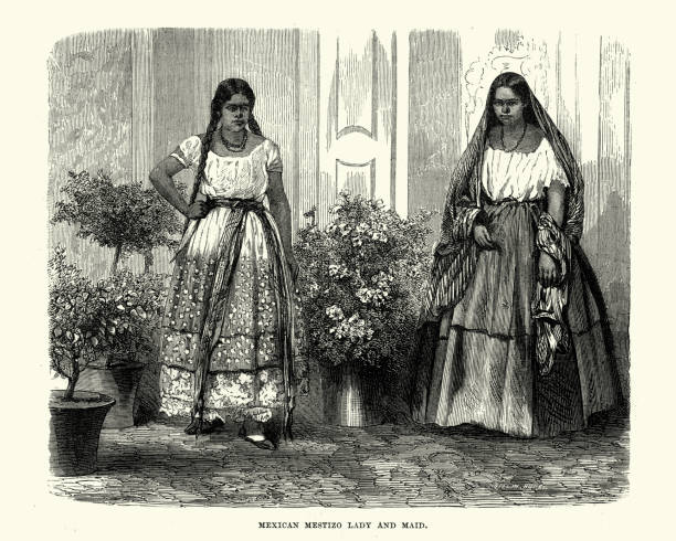 Mexican Mestizo Lady and Maid, 19th Century Vintage engraving of a Mexican Mestizo Lady and Maid, 19th Century mexico people stock illustrations
