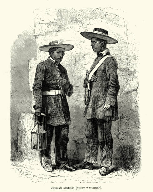 Vintage engraving of Mexican Serenos, Night Watchmen, 19th Century