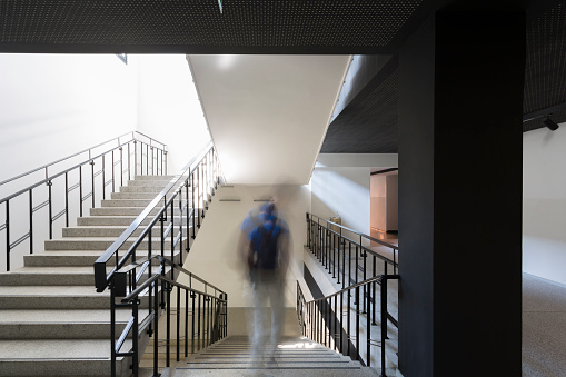 One person walking down stairs in motion effect photography inside building.