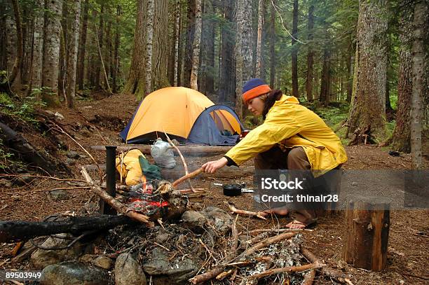 Woman In Campsite Stock Photo - Download Image Now - Forest, One Woman Only, Washington State