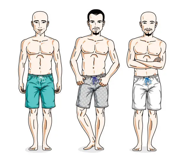 Vector illustration of Handsome men standing wearing beach shorts. Vector people illustrations set. Lifestyle theme male characters.