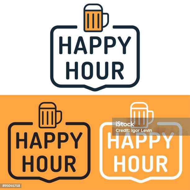 Happy Hour Badge With Beer Icon Flat Vector Illustration On White And Yellow Background Stock Illustration - Download Image Now