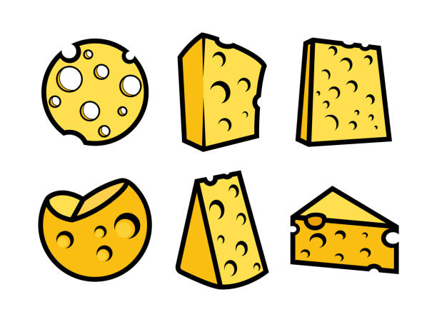 Cheese Illustrations in Different Forms Cheese Illustrations in Different Forms Isolated on white Background. Set of Vector Icons in Style Design. swiss cheese slice stock illustrations