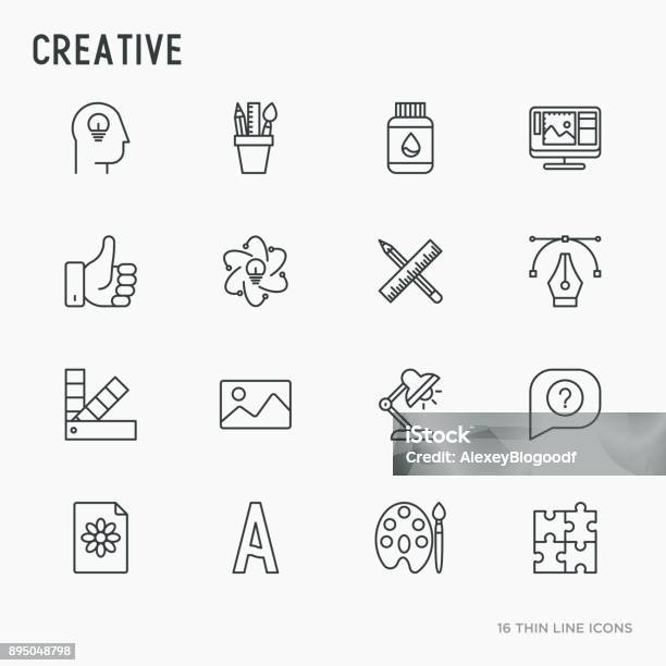 Set Di Icone Creative A Linea Sottile Idea Puzzle Tavolozza Dei Colori Pennelli Visione Creativa Design Di Sviluppo Illustrazione Vettoriale - Immagini vettoriali stock e altre immagini di Icona