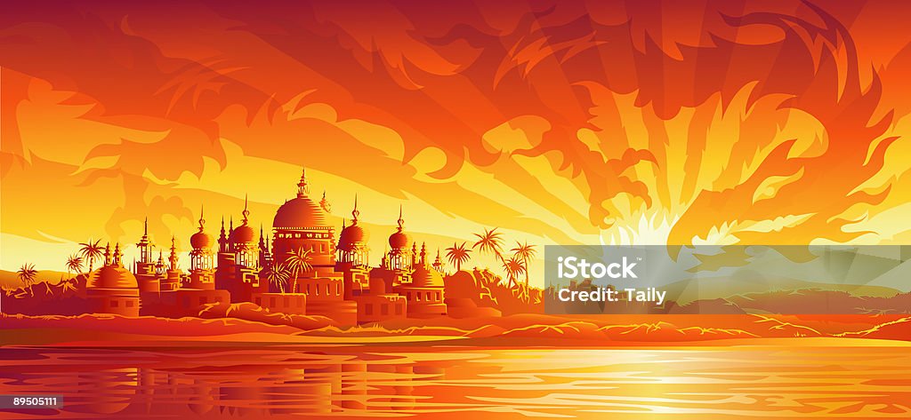 素晴らしい古代都市ゴールドの空の下で、夕暮れ時のドラゴン攻撃 - イラストレーションのロイヤリティフリーストックイラストレーション