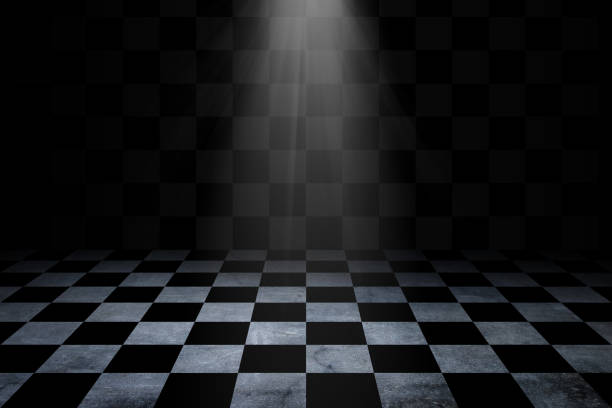 istock Black And White Checker floor Grunge Room. Checker floor lead into dark empty space 895051354