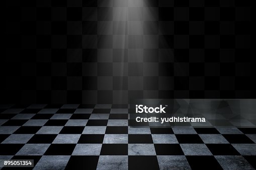 istock Black And White Checker floor Grunge Room. Checker floor lead into dark empty space 895051354