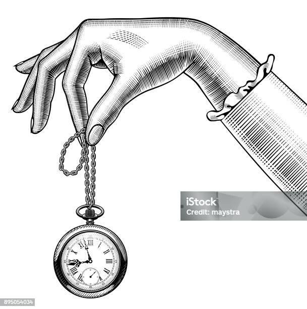 Womans Hand With A Retro Pocket Watch Stock Illustration - Download Image Now - Clock, Retro Style, Drawing - Art Product