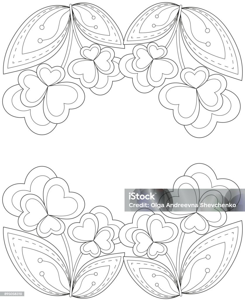 Black and white heart flower plant border. Black and white heart flower plant border. Coloring book page for adults and kids. Valentine day holiday vector illustration for gift card, flyer, certificate or banner Abstract stock vector