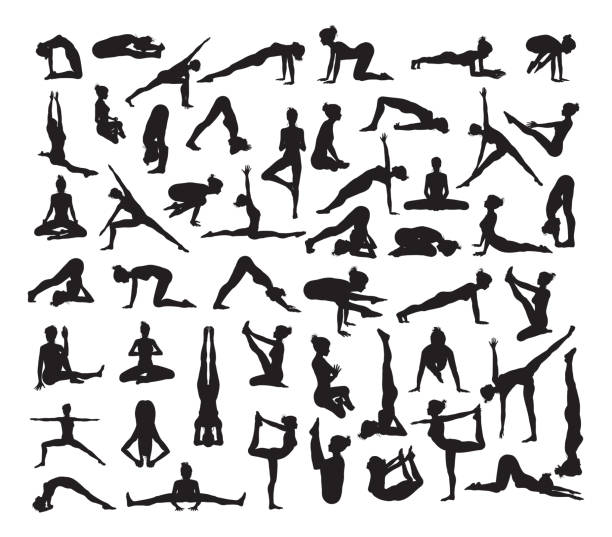 ilustraciones, imágenes clip art, dibujos animados e iconos de stock de poses siluetas de yoga - entrenador personal