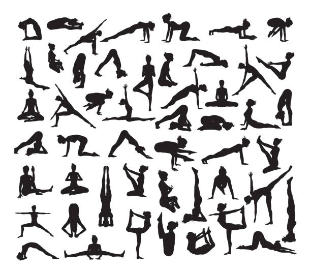 Yoga Poses Silhouettes A set of detailed yoga poses and postures silhouettes woman white background stock illustrations