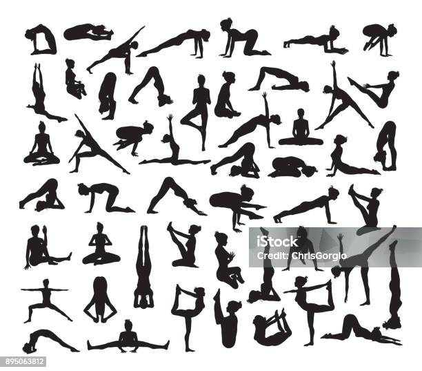 Yoga Poses Silhouettes Stock Illustration - Download Image Now - Yoga, In Silhouette, Pilates