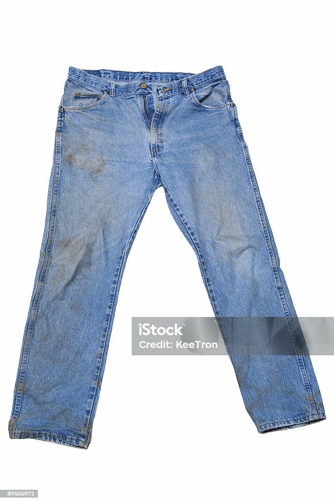 Dirty Blue Jeans With Legs Spread  Bib Overalls Stock Photo