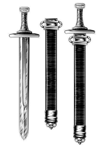 Vector illustration of Sword Engraved Woodcut Etching Illustration