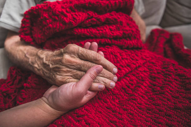 hospice nurse visiting an elderly male patient - holding hands human hand senior adult consoling imagens e fotografias de stock