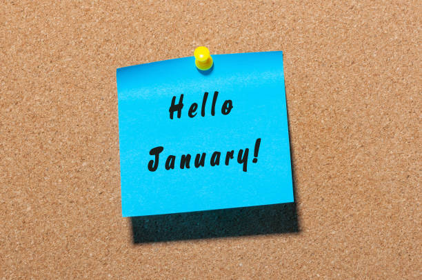 istock Hello January - business concept with text - written on sticker pinned at notice board 895087788