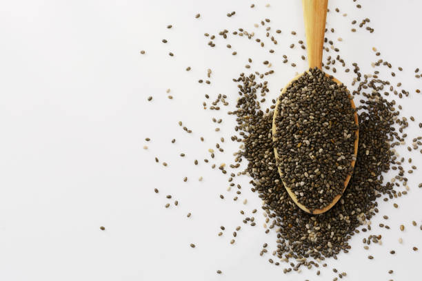 istock Chia seeds on wooden spoon isolated on white background 895088770