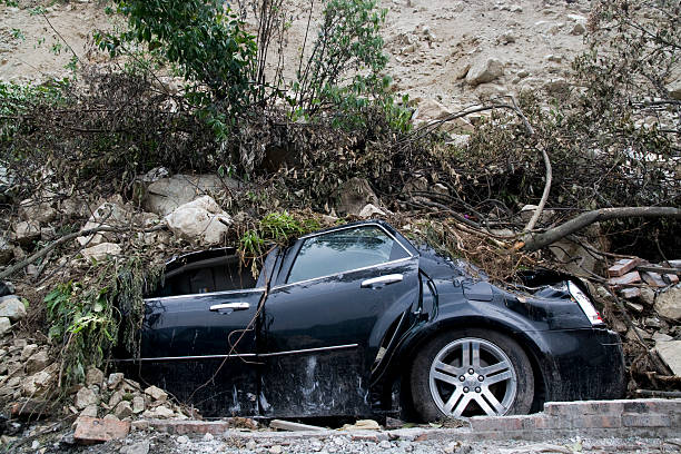 Crushed car in the Sichuan earthquake in China stock photo