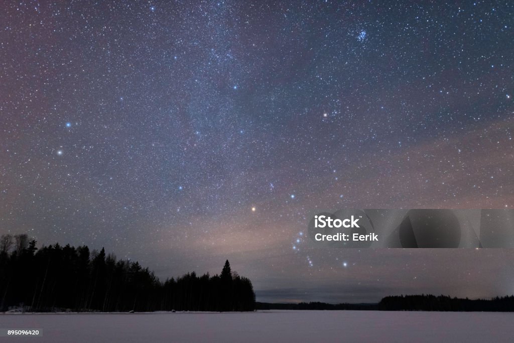 Orion constellation above frozen lake Constellation Stock Photo