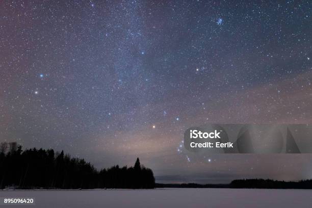 Orion Constellation Above Frozen Lake Stock Photo - Download Image Now - Constellation, The Pleiades, Orion Nebula