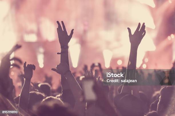 Crowd Of Audience With Hands Raised At A Music Festival Stock Photo - Download Image Now