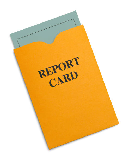 Report Card New Green Report Card Inside Yellow Envelope Isolated on White Background. report card stock pictures, royalty-free photos & images