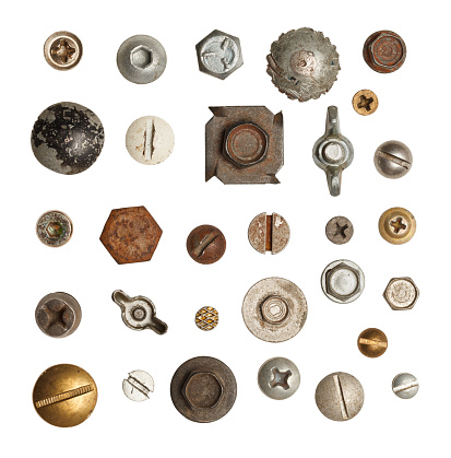 Metal, Wood and Drywall Screws and Bolts  Isolated on White Background.
