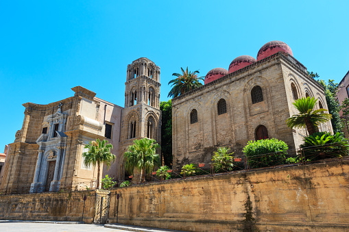 The church of Santa Maria dell'Ammiraglio ( Martorana ) and Church of San Cataldo view, Palermo old town, Sicily, Italy.
