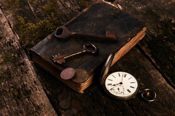 istock Antique pocket watch, old book with ancient copper coins 895145788