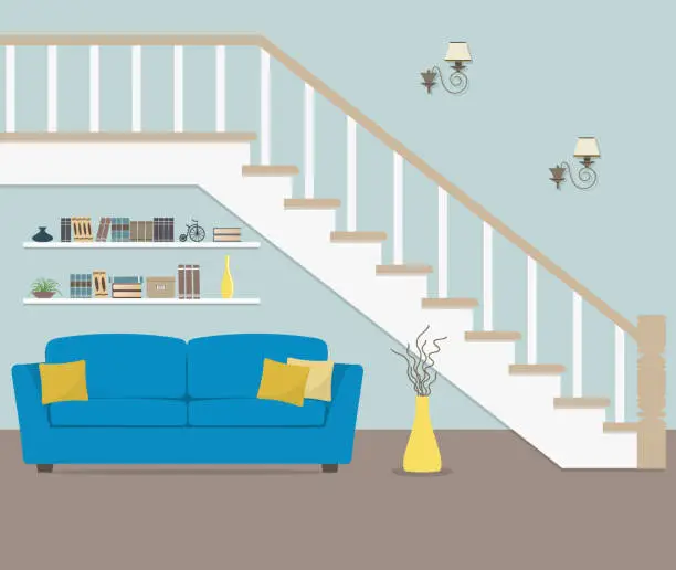 Vector illustration of Blue sofa with pillows, located under the stairs