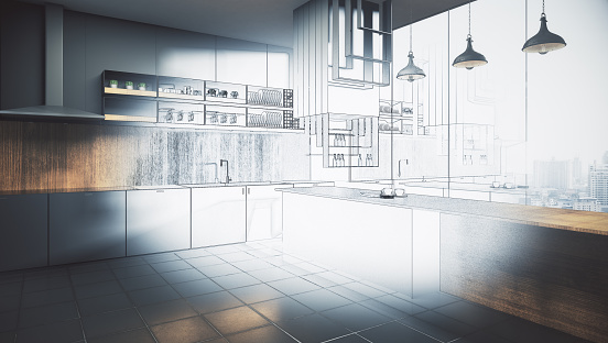 Abstract unfinished kitchen interior drawing. Engineering and plan concept. 3D Rendering