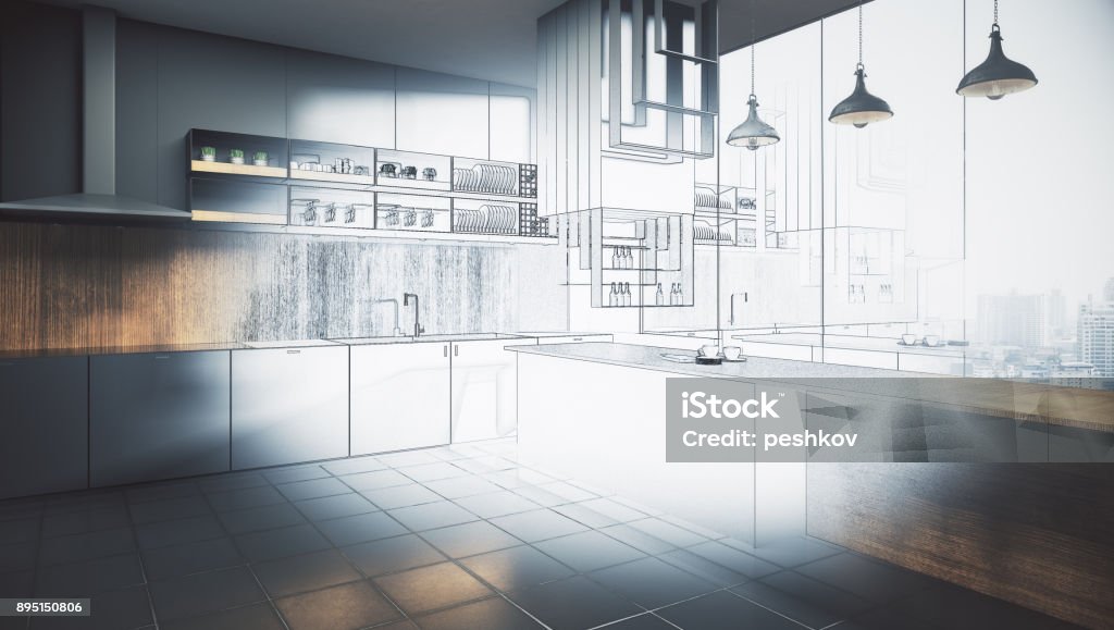 Engineering and plan concept Abstract unfinished kitchen interior drawing. Engineering and plan concept. 3D Rendering Kitchen Stock Photo