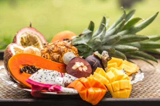 istock Exotic fruits on a tray 895169276