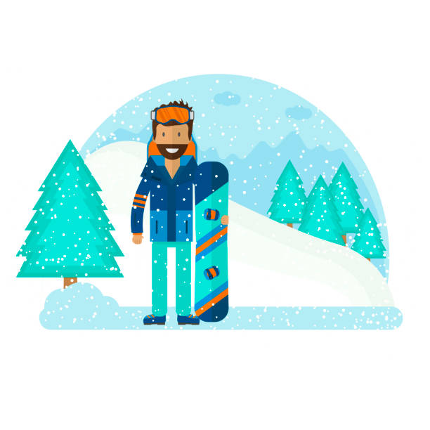 ilustraciones, imágenes clip art, dibujos animados e iconos de stock de fondo de deporte de invierno con carácter y esquí, snowboard - snowboarding snowboard teenager red