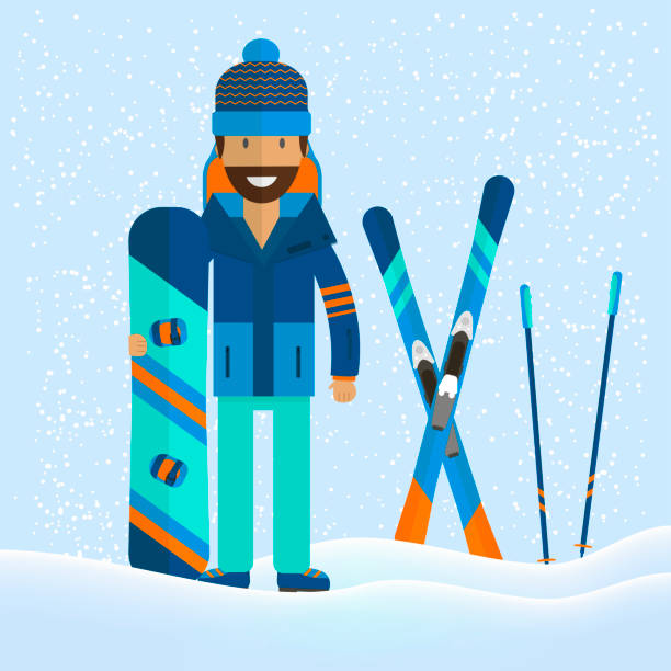 ilustraciones, imágenes clip art, dibujos animados e iconos de stock de fondo de deporte de invierno con carácter y esquí, snowboard - snowboarding snowboard teenager red