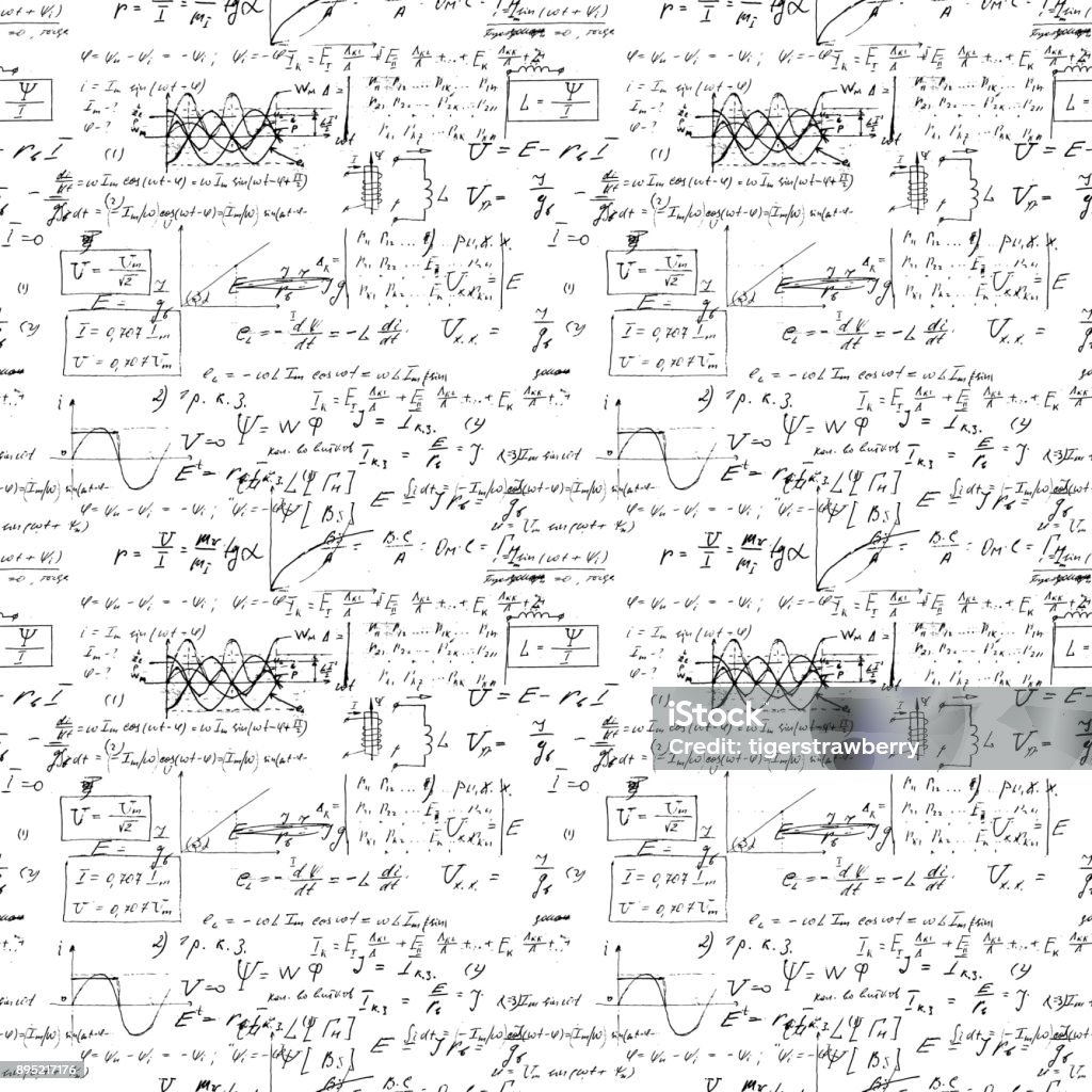 Impression de fond sans fin sans couture avec des formules mathématiques manuscrites, relation mathématique ou règles exprimées dans les symboles, diverses opérations telles que l’addition, soustraction, multiplication, division - clipart vectoriel de Formule mathématique libre de droits