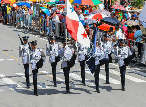 Boquete Panama November 2017 this is a month of great celebrations in Panama. These soldiers are marching with bayonets in great parades to celebrate the Panama Indipendence day from Spain.
