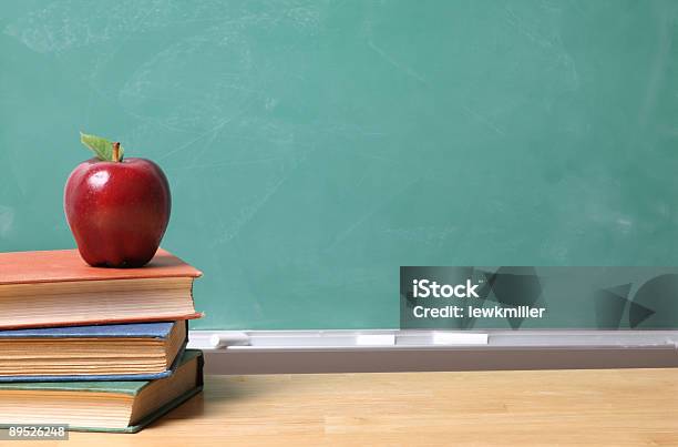 School Still Life With Copyspace On Chalkboard Stock Photo - Download Image Now - Apple - Fruit, Book, Back to School