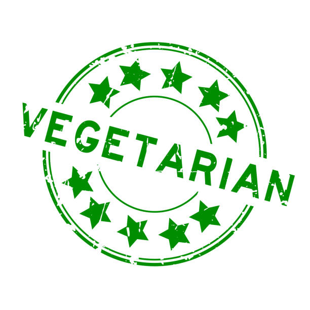 ilustraciones, imágenes clip art, dibujos animados e iconos de stock de vegetariano de grunge verde con estrella icono redondo goma sello sello sobre fondo blanco - comida vegetariana