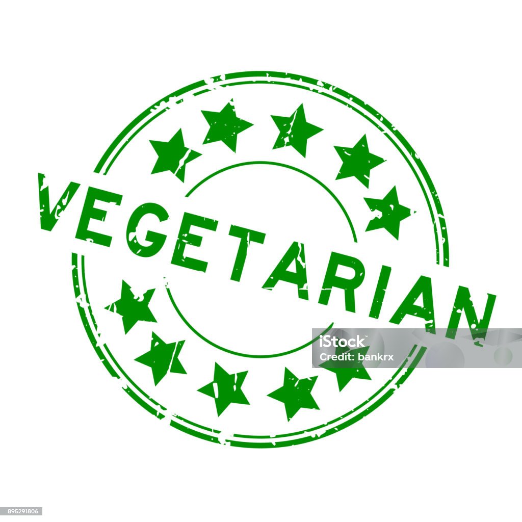 Grunge verde vegetariano con icona stella timbro di gomma rotonda su sfondo bianco - arte vettoriale royalty-free di Cucina vegetariana