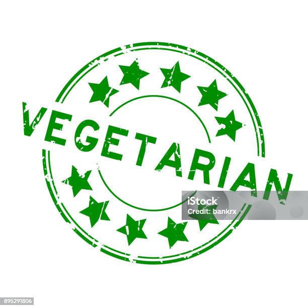 Vetores de Vegetariano De Grunge Verde Com O Ícone De Estrela Redondo Carimbo Do Selo No Fundo Branco e mais imagens de Pratos Vegetarianos