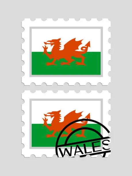 Vector illustration of Wales flag on postage stamps