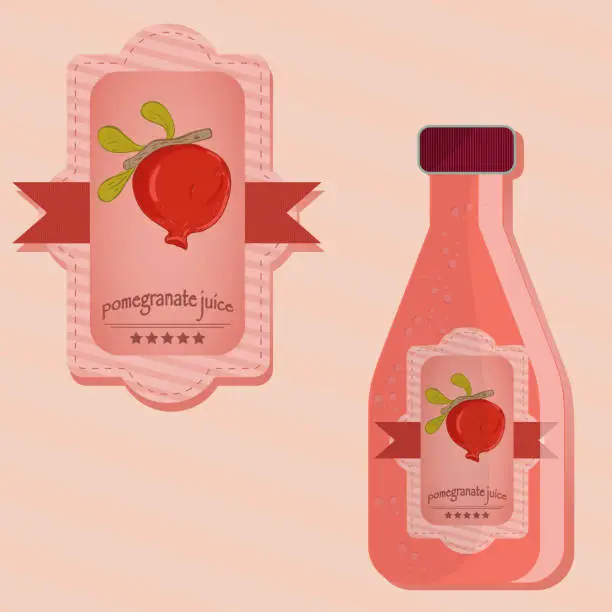 Vector illustration of flat illustration of labels and bottles of pomegranate juice