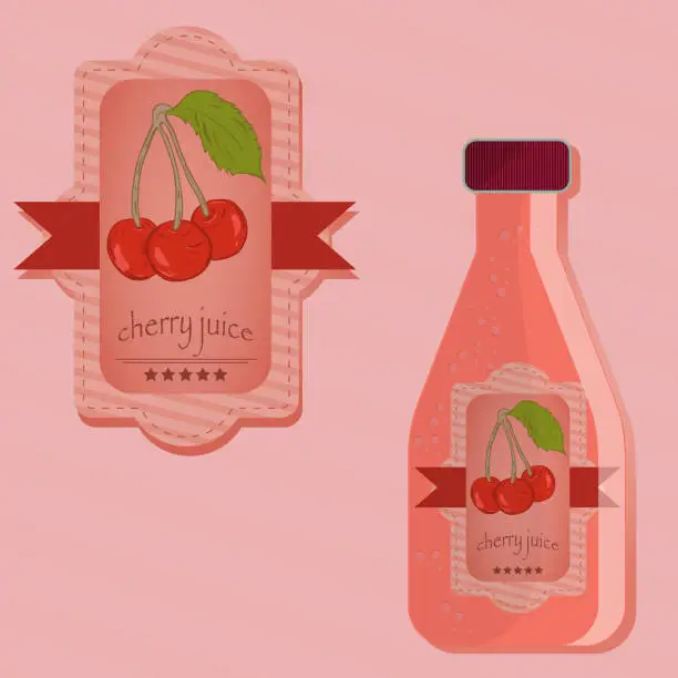 Vector illustration of flat illustration of labels and bottles of cherry juice