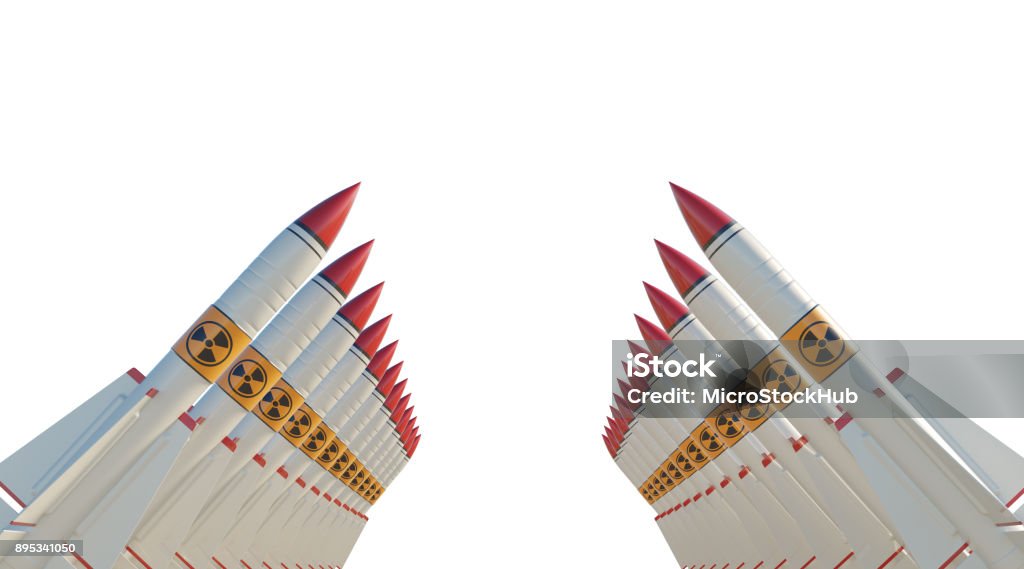 Nuclear Missiles On White Background Nuclear missiles isolated on white background. Horizontal composition with copy space.  Nuclear war concept. Clipping path is included. Nuclear Weapon Stock Photo