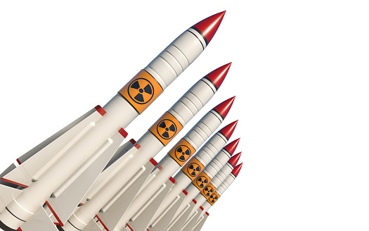 Nuclear missiles isolated on white background. Horizontal composition with copy space.  Clipping path is included.  Nuclear war concept.